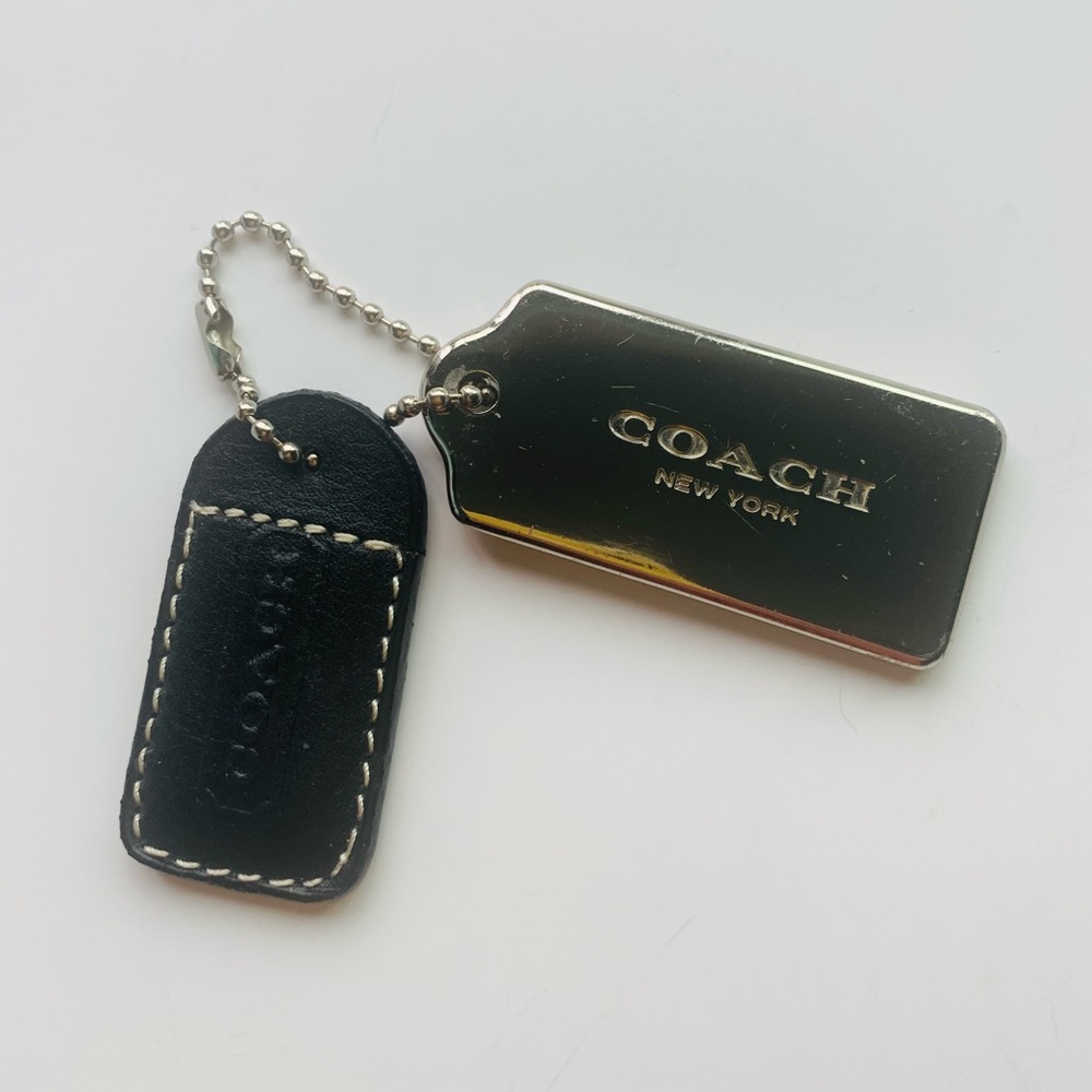COACH Y2K Black Leather & Silver Keychain Hang Tag Bag Charm 2x1”
